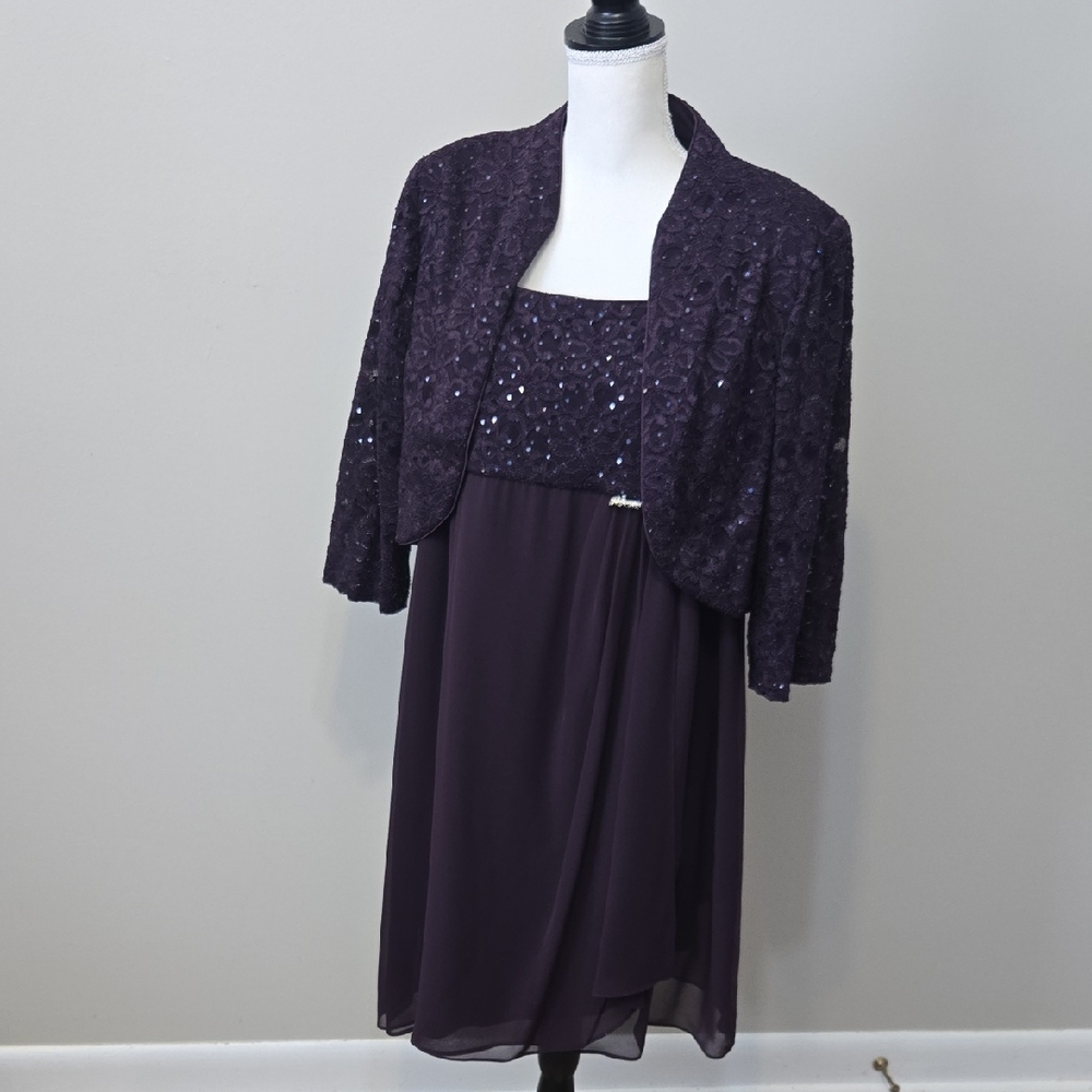 R&M Richards Deep Purple Dress Sheer Overlay & Lace Jacket 18W